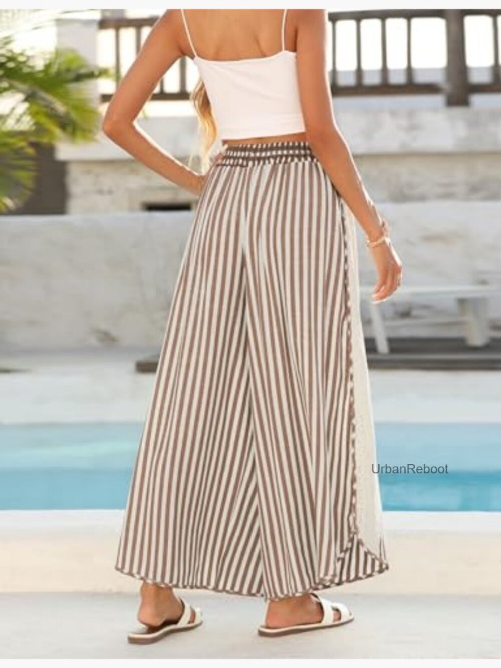 Wide Leg Striped Palazzo Trousers Elastic Waist Lounge Pants - Picture 4 of 7